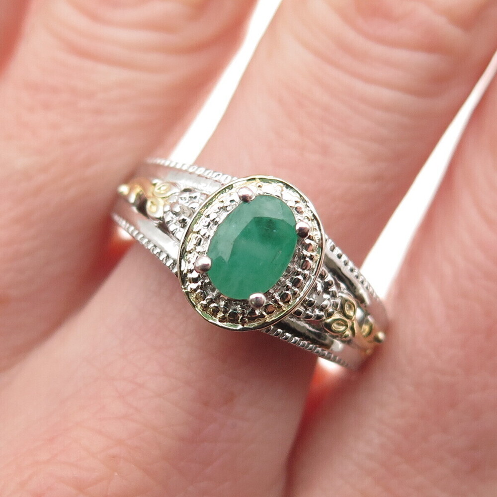 Chuck Clemency 925 Sterling Silver 2-Tone Real Diamond & Emerald Ring Size 8.25
